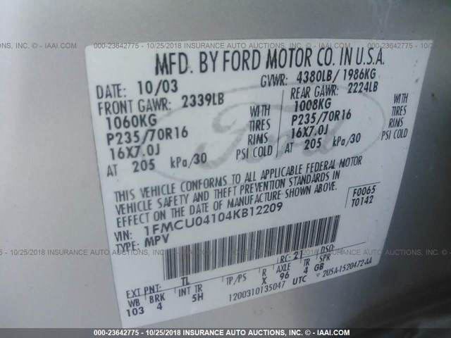 1FMCU04104KB12209 - 2004 FORD ESCAPE LIMITED SILVER photo 9