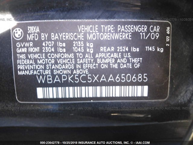 WBAPK5C5XAA650685 - 2010 BMW 328 XI SULEV BLACK photo 9