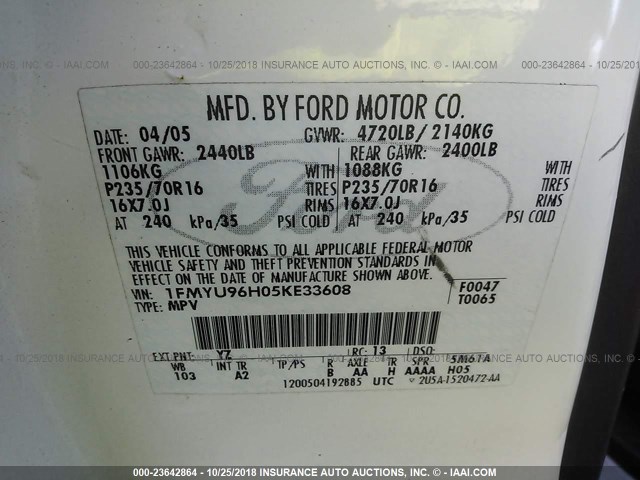 1FMYU96H05KE33608 - 2005 FORD ESCAPE HEV WHITE photo 9