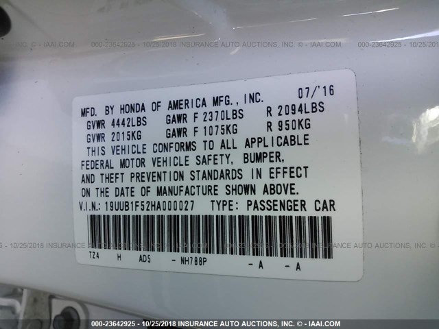 19UUB1F52HA000027 - 2017 ACURA TLX TECH WHITE photo 9
