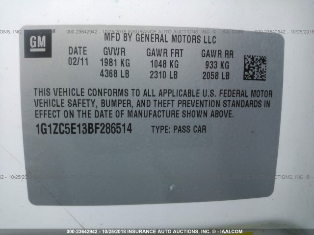 1G1ZC5E13BF286514 - 2011 CHEVROLET MALIBU 1LT WHITE photo 9