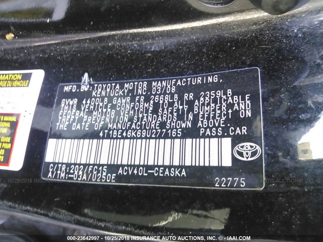 4T1BE46K69U277165 - 2009 TOYOTA CAMRY SE/LE/XLE BLACK photo 9
