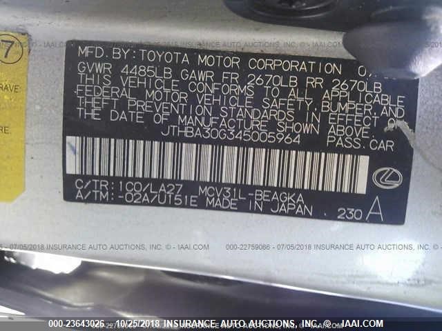 JTHBA30G345005964 - 2004 LEXUS ES 330 SILVER photo 9