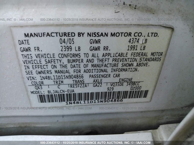 1N4BL11D15N904866 - 2005 NISSAN ALTIMA SE/SL/SE-R WHITE photo 9