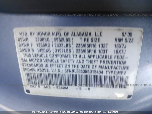 5FNRL38636B015434 - 2006 HONDA ODYSSEY EXL BLUE photo 9
