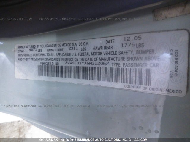 3VWSF31YX6M312052 - 2006 VOLKSWAGEN NEW BEETLE Açıq mavi foto 9