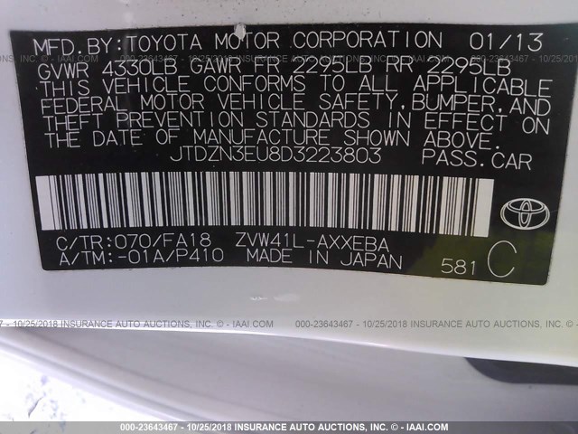 JTDZN3EU8D3223803 - 2013 TOYOTA PRIUS V WHITE photo 9