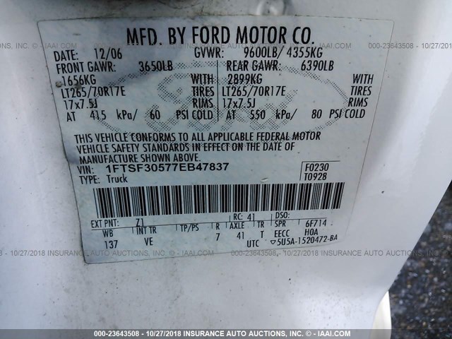 1FTSF30577EB47837 - 2007 FORD F350 SRW SUPER DUTY WHITE photo 9