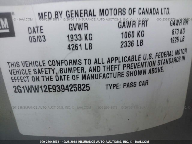 2G1WW12E939425825 - 2003 CHEVROLET MONTE CARLO LS 银色 照片 9