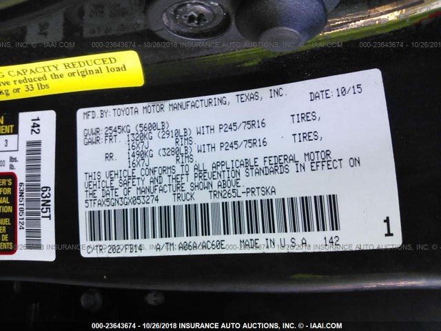 5TFAX5GN3GX053274 - 2016 TOYOTA Tacoma DOUBLE CAB/SR/SR5 BLACK photo 9