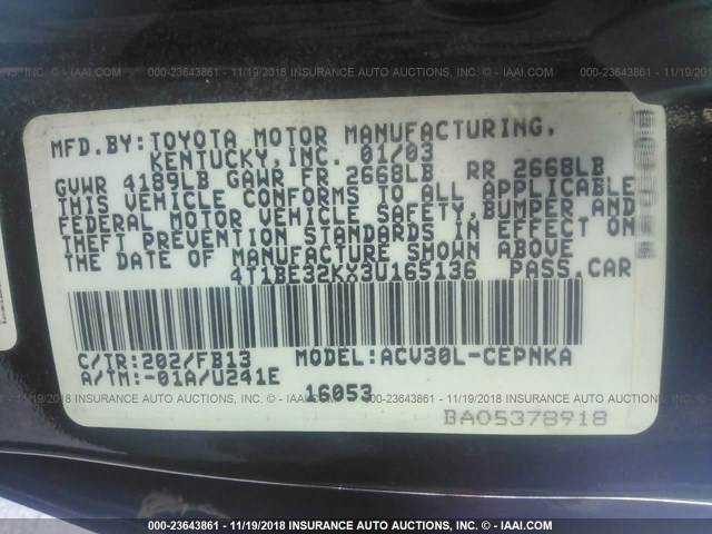 4T1BE32KX3U165136 - 2003 TOYOTA CAMRY LE/XLE/SE BLACK photo 9