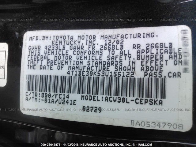 4T1BE30K53U156122 - 2003 TOYOTA CAMRY LE/XLE/SE Dark Blue photo 9