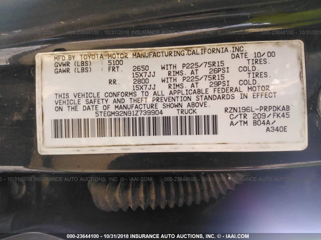 5TEGM92N91Z739904 - 2001 TOYOTA TACOMA DOUBLE CAB PRERUNNER BLACK photo 9