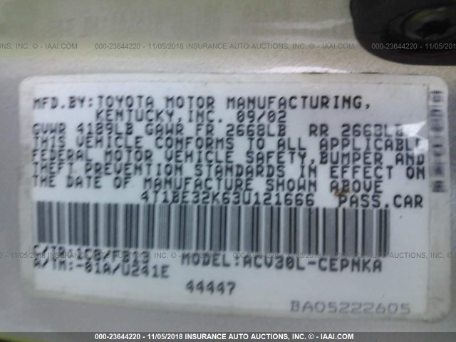 4T1BE32K63U121666 - 2003 TOYOTA CAMRY LE/XLE/SE Gümüş foto 9