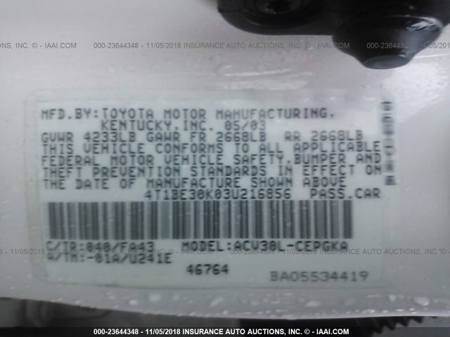 4T1BE30K03U216856 - 2003 TOYOTA CAMRY LE/XLE/SE WHITE photo 9