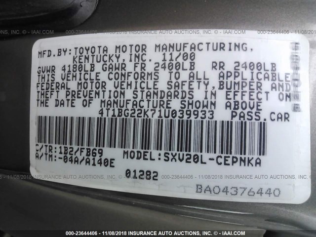 4T1BG22K71U039933 - 2001 TOYOTA CAMRY CE/LE/XLE ნაცრისფერი ფოტო 9