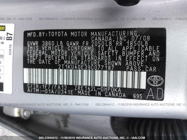 2T1KU40E39C077187 - 2009 TOYOTA COROLLA MATRIX  SILVER photo 9