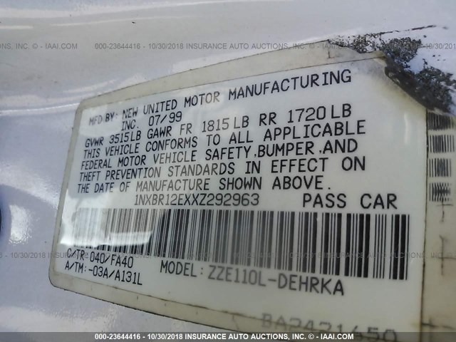 1NXBR12EXXZ292963 - 1999 TOYOTA COROLLA VE/CE/LE 白色 照片 9