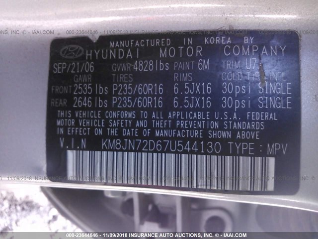 KM8JN72D67U544130 - 2007 HYUNDAI TUCSON SE/LIMITED SILVER photo 9