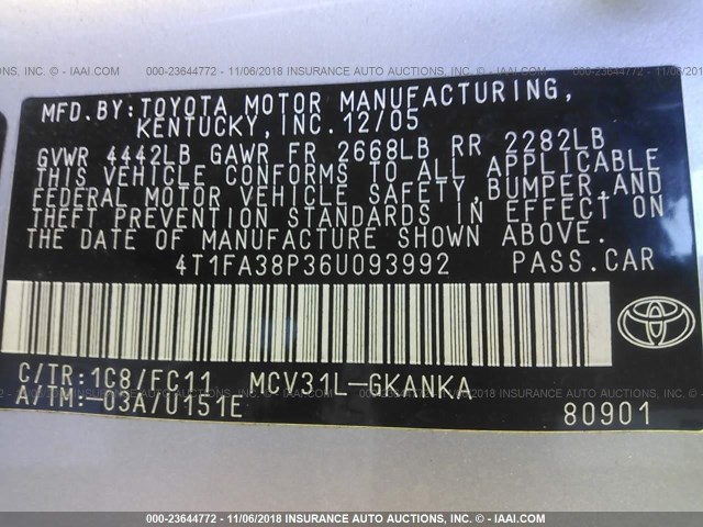 4T1FA38P36U093992 - 2006 TOYOTA CAMRY SOLARA SE/SLE Boz foto 9