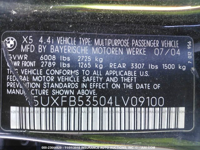 5UXFB53504LV09100 - 2004 BMW X5 4.4I BLACK photo 9
