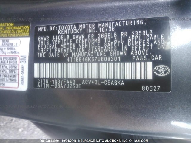 4T1BE46K57U608301 - 2007 TOYOTA CAMRY NEW GENERAT CE/LE/XLE/SE BLACK photo 9