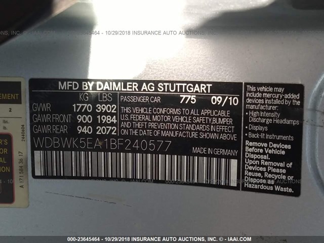 WDBWK5EA1BF240577 - 2011 MERCEDES-BENZ SLK 300 SILVER photo 9