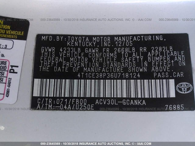 4T1CE38P36U718124 - 2006 TOYOTA CAMRY SOLARA SE/SLE თეთრი ფოტო 9