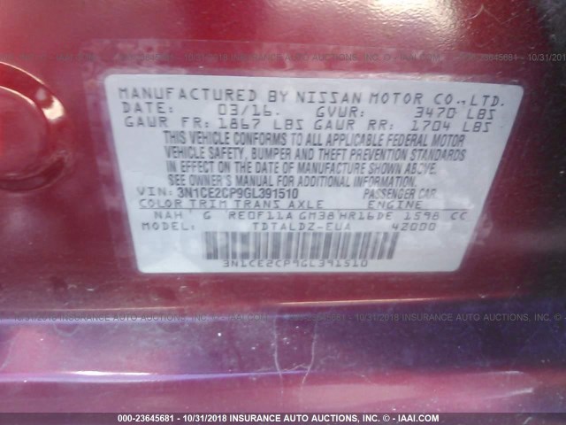 3N1CE2CP9GL391510 - 2016 NISSAN VERSA NOTE S/S PLUS/SV/SL/SR RED photo 9