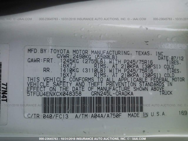 5TFUU4ENXCX048358 - 2012 TOYOTA TACOMA WHITE photo 9