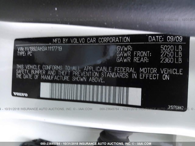 YV1992AH3A1117719 - 2010 VOLVO S80 T6 WHITE photo 9