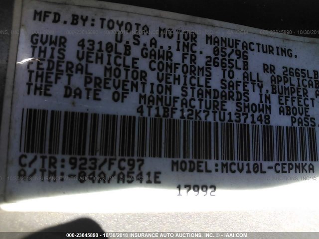 4T1BF12K7TU137148 - 1996 TOYOTA CAMRY LE/XLE/SE GRAY photo 9