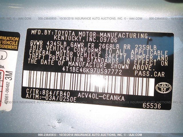 4T1BE46K97U597772 - 2007 TOYOTA CAMRY NEW GENERAT CE/LE/XLE/SE BLUE photo 9