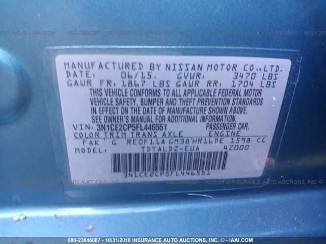3N1CE2CP5FL446551 - 2015 NISSAN VERSA NOTE S/S PLUS/SV/SL/SR BLUE photo 9