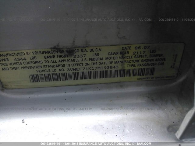 3VWEF71K17M193843 - 2007 VOLKSWAGEN JETTA WOLFSBURG 银色 照片 9