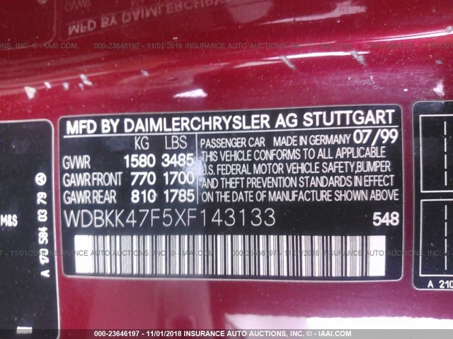 WDBKK47F5XF143133 - 1999 MERCEDES-BENZ SLK 230 KOMPRESSOR RED photo 9