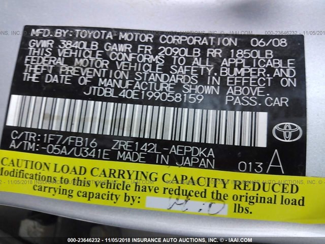 JTDBL40E199058159 - 2009 TOYOTA COROLLA LE/XLE GRAY photo 9