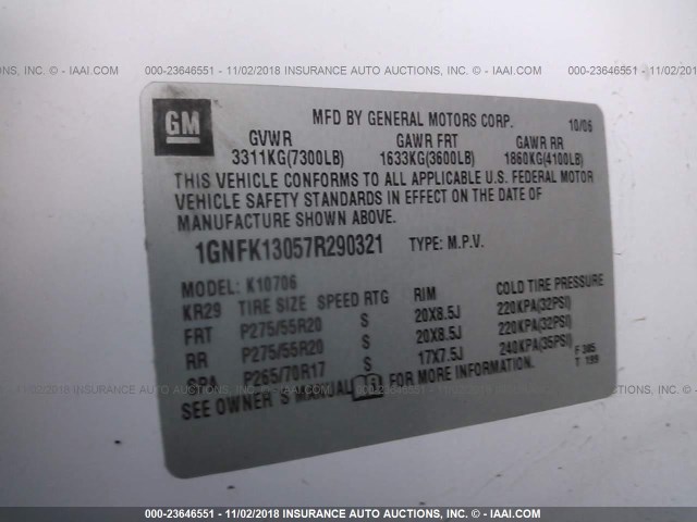 1GNFK13057R290321 - 2007 CHEVROLET TAHOE K1500 WHITE photo 9