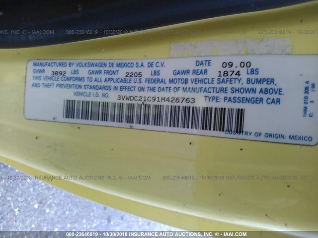 3VWDC21C91M426763 - 2001 VOLKSWAGEN NEW BEETLE GLX ყვითელი ფოტო 9