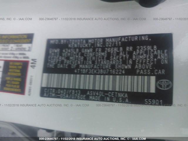 4T1BF3EK3BU716224 - 2011 TOYOTA CAMRY SE/LE/XLE WHITE photo 9