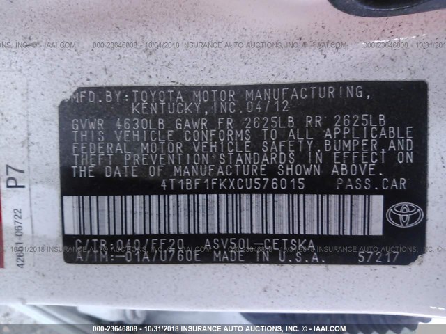 4T1BF1FKXCU576015 - 2012 TOYOTA CAMRY SE/LE/XLE თეთრი ფოტო 9