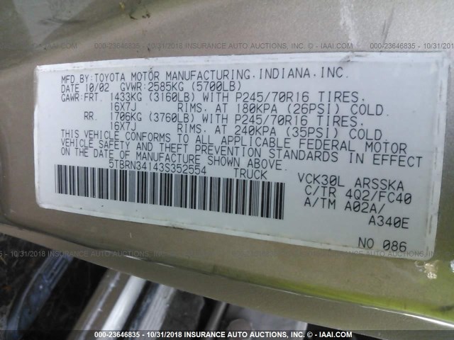 5TBRN34143S352554 - 2003 TOYOTA TUNDRA ACCESS CAB SR5 GOLD photo 9