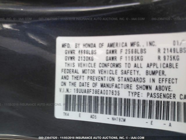 19UUA8F38EA007635 - 2014 ACURA TL SE GRAY photo 9