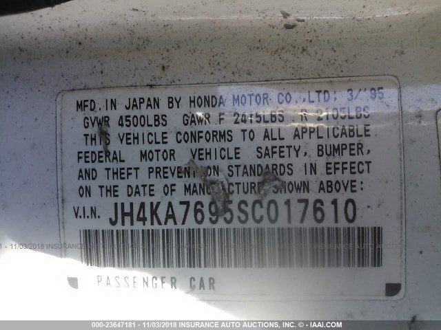 JH4KA7695SC017610 - 1995 ACURA LEGEND SE WHITE photo 9