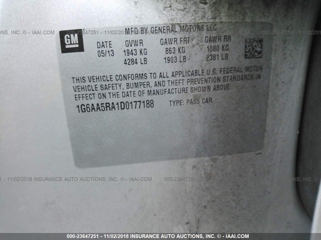 1G6AA5RA1D0177188 - 2013 CADILLAC ATS GRAY photo 9