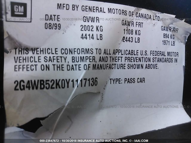 2G4WB52K0Y1117136 - 2000 BUICK REGAL LS BLUE photo 9