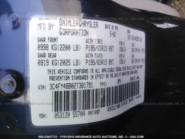 3C4FY48B02T381791 - 2002 CHRYSLER PT CRUISER CLASSIC 蓝色 照片 9