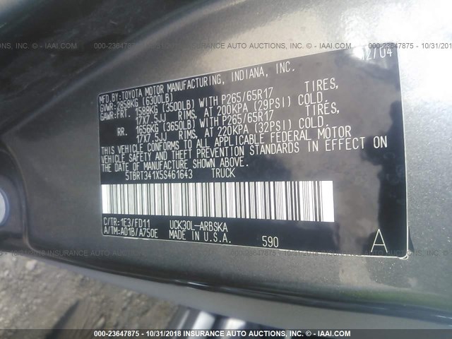 5TBRT341X5S461643 - 2005 TOYOTA TUNDRA ACCESS CAB SR5 GRAY photo 9