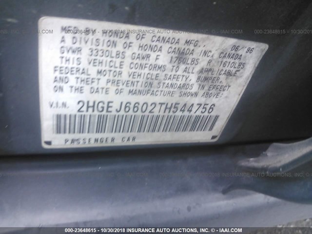 2HGEJ6602TH544756 - 1996 HONDA CIVIC LX/EX BLUE photo 9