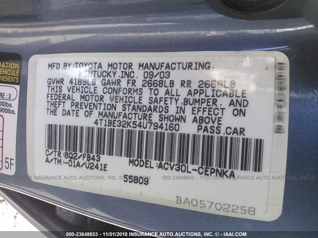 4T1BE32K54U794160 - 2004 TOYOTA CAMRY LE/XLE/SE BLUE photo 9